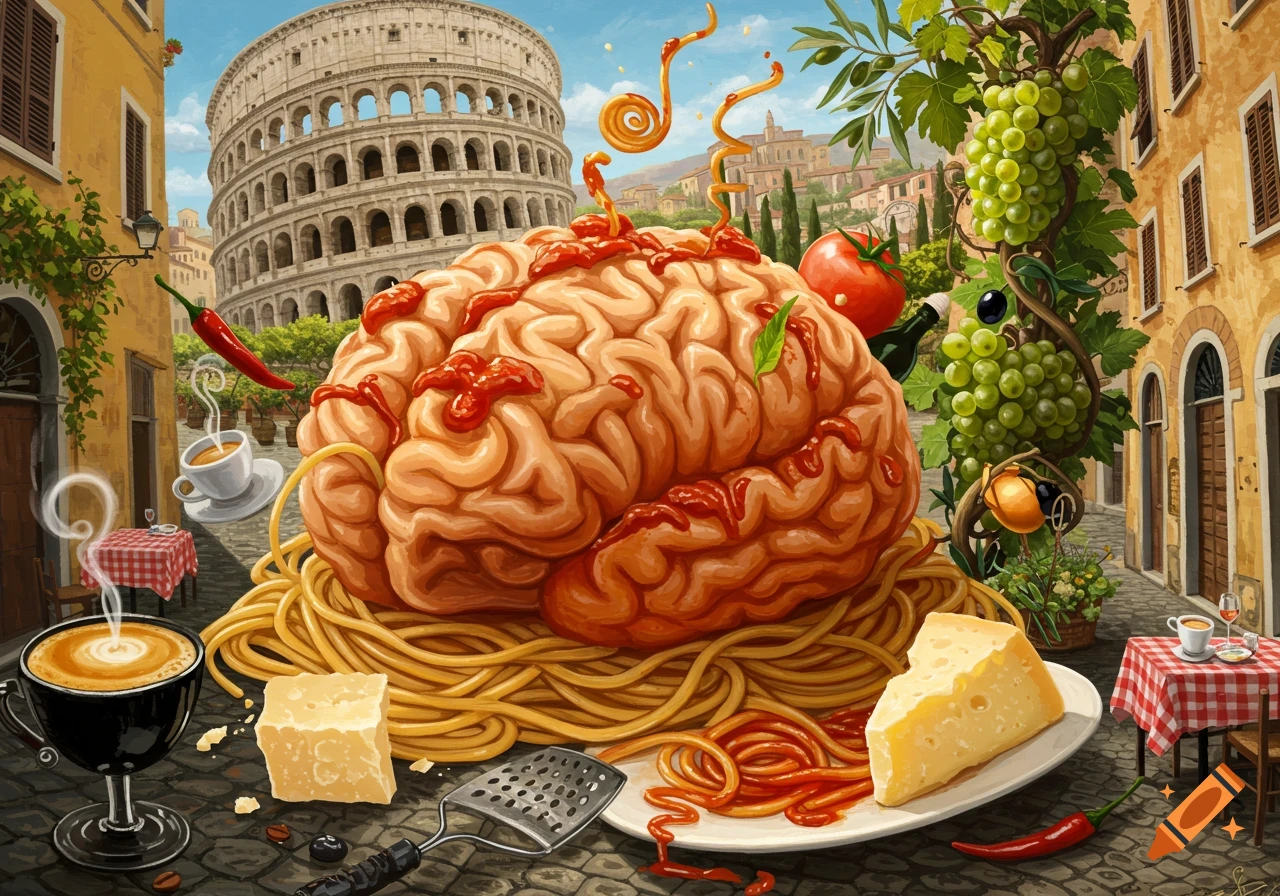 Surreal illustration of a pasta brain with sauce in an Italian street, featuring the Colosseum, cafes, and grapes.
