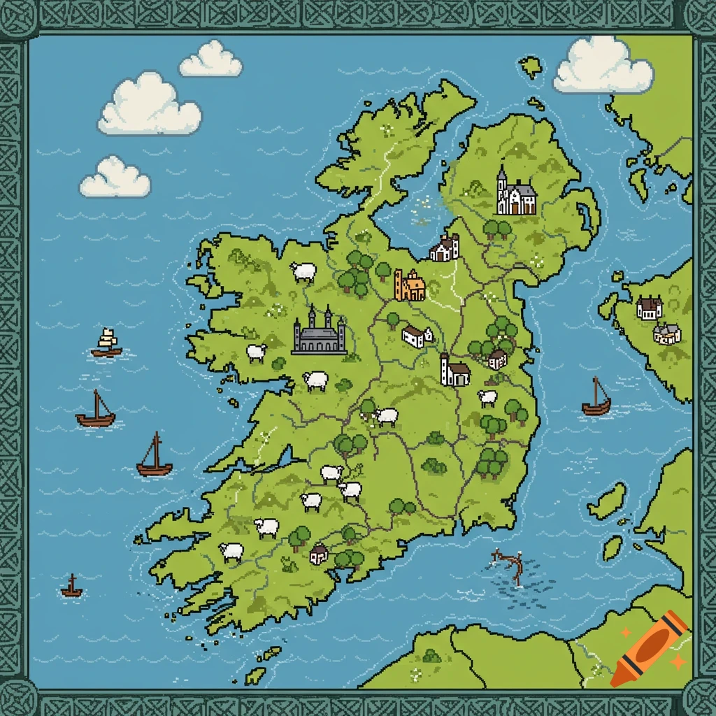 Pixel art map of Ireland with green land, blue water, scattered sheep, buildings, and boats, within a Celtic knot border.