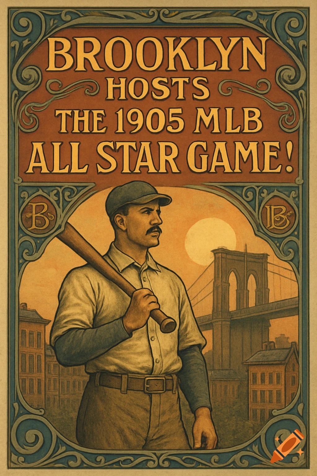 Vintage poster advertising the 1905 MLB All Star Game in Brooklyn, featuring a baseball player with a bat and the Brooklyn Bridge.