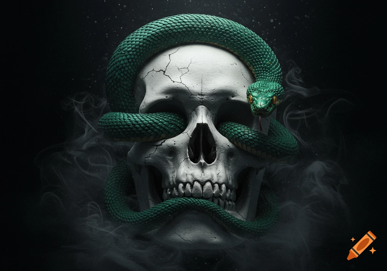 A cracked white skull with a vibrant green snake coiled around it, its head emerging from an eye socket with a flickering tongue, against a smoky dark background.