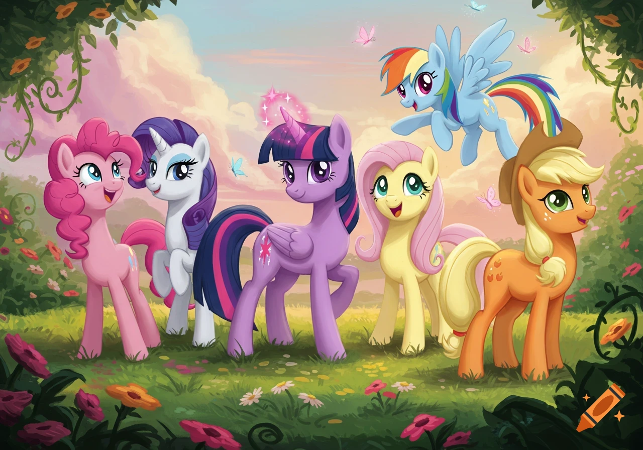 The Mane Six My Little Pony characters, Pinkie Pie, Rarity, Twilight Sparkle, Fluttershy, Rainbow Dash, and Applejack, stand in a whimsical, colorful field.
