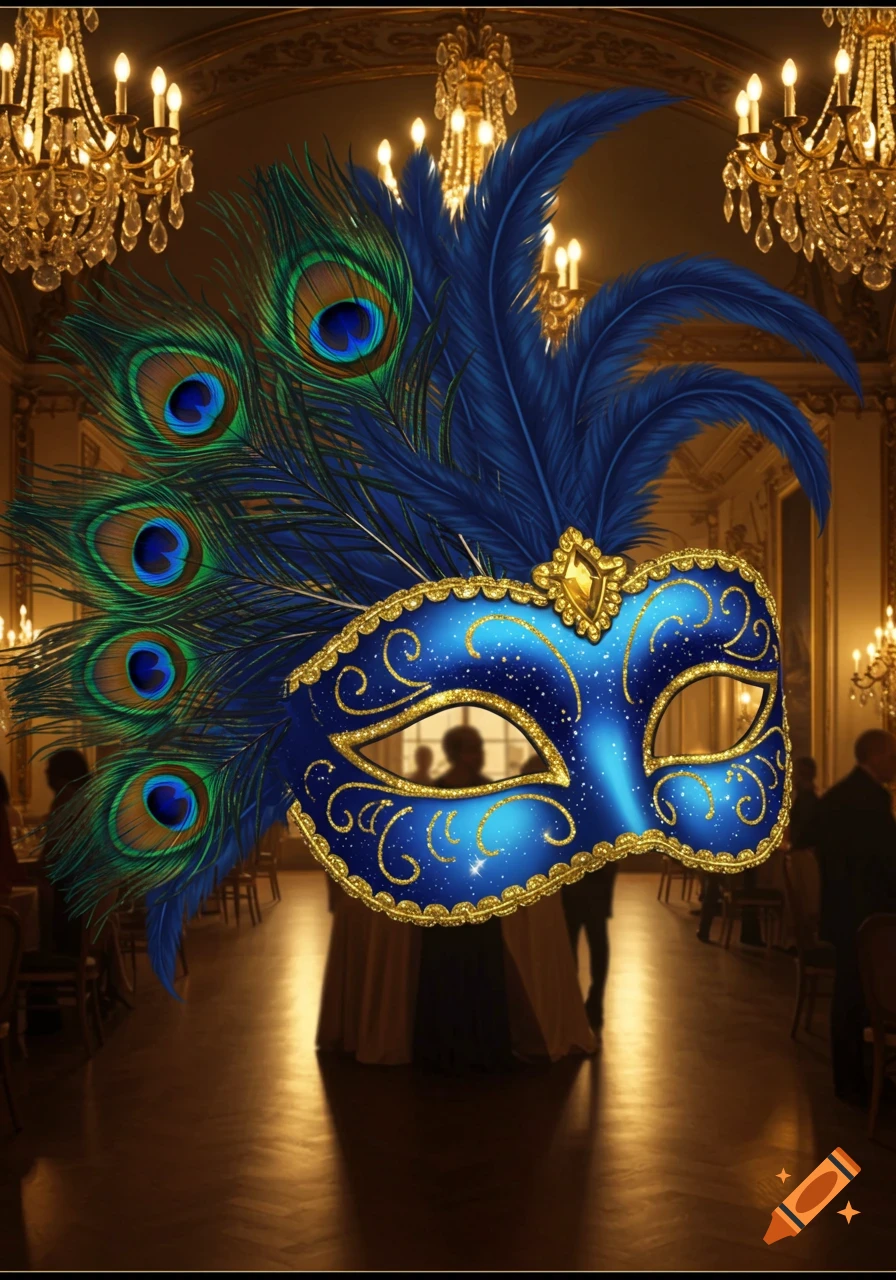 A vibrant blue masquerade mask with gold trim and peacock feathers, set against a blurred elegant ballroom background with chandeliers.