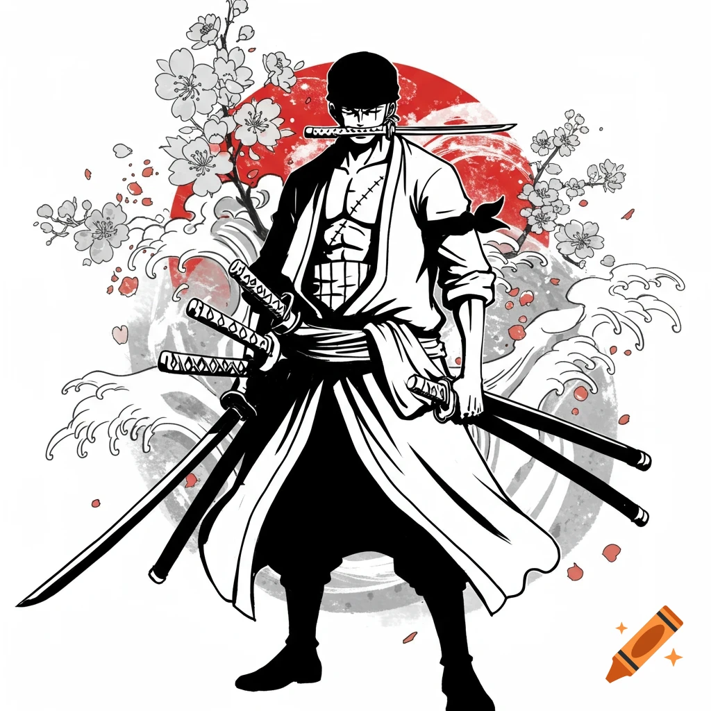 Black and white illustration of Roronoa Zoro holding three katanas, with a red sun, cherry blossoms, and waves in the background.