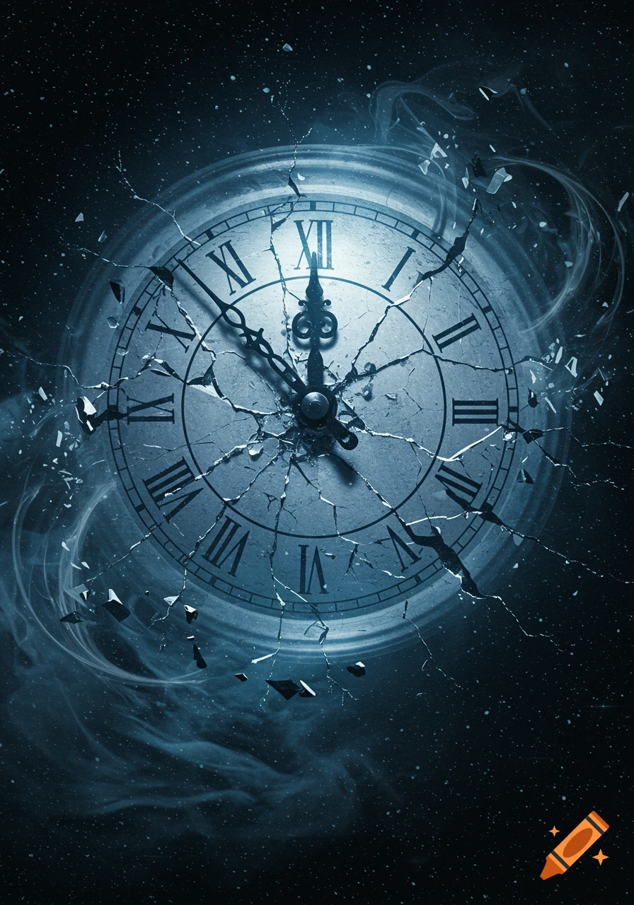 A dramatic, shattered clock face with Roman numerals against a dark, starry, and smoky background.