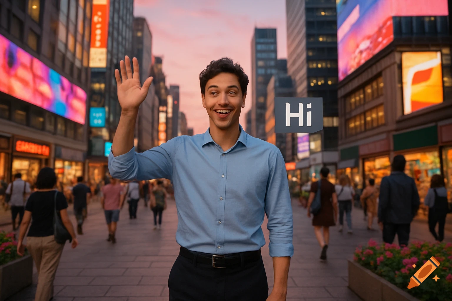 A man with a light blue shirt smiles and waves, with a 'Hi' speech bubble, in a busy city street at dusk.