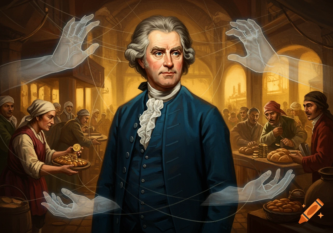 Painting of Adam Smith in a blue coat, surrounded by glowing 'invisible hands' overseeing a bustling historical marketplace with merchants and goods.