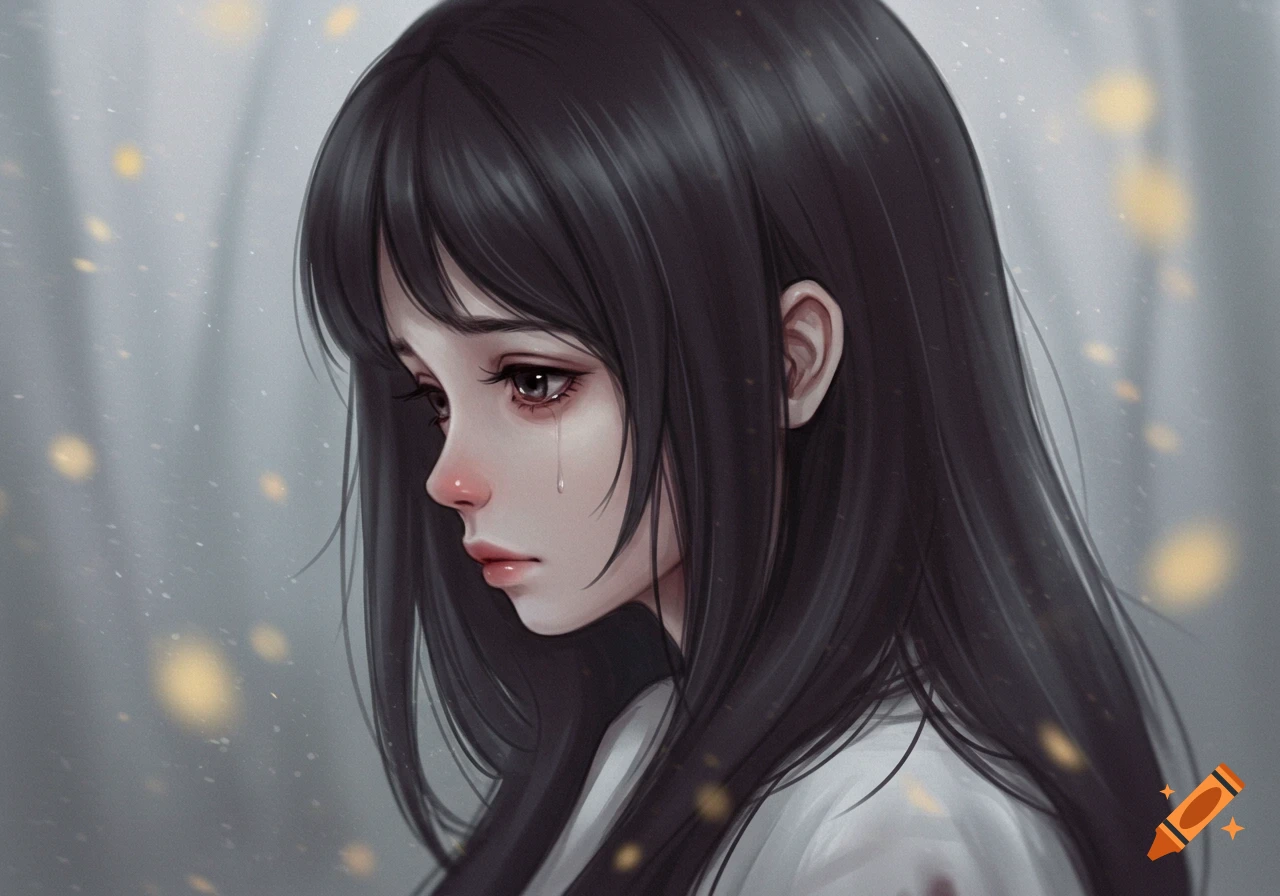 Close-up of a crying anime girl with long dark hair, a tear tracing her cheek, in a drawing style.