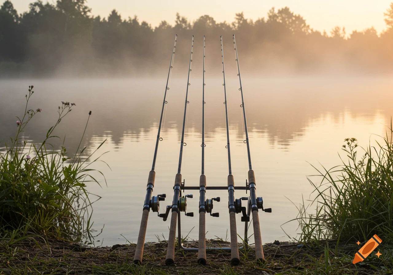 Five fishing rods stand upright on the misty shore of a tranquil lake at sunrise, surrounded by grass and trees.