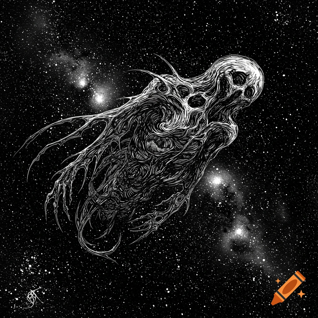 A grotesque, intricate cosmic entity with tendrils floats in a starry deep space, rendered in a detailed black and white etching style.