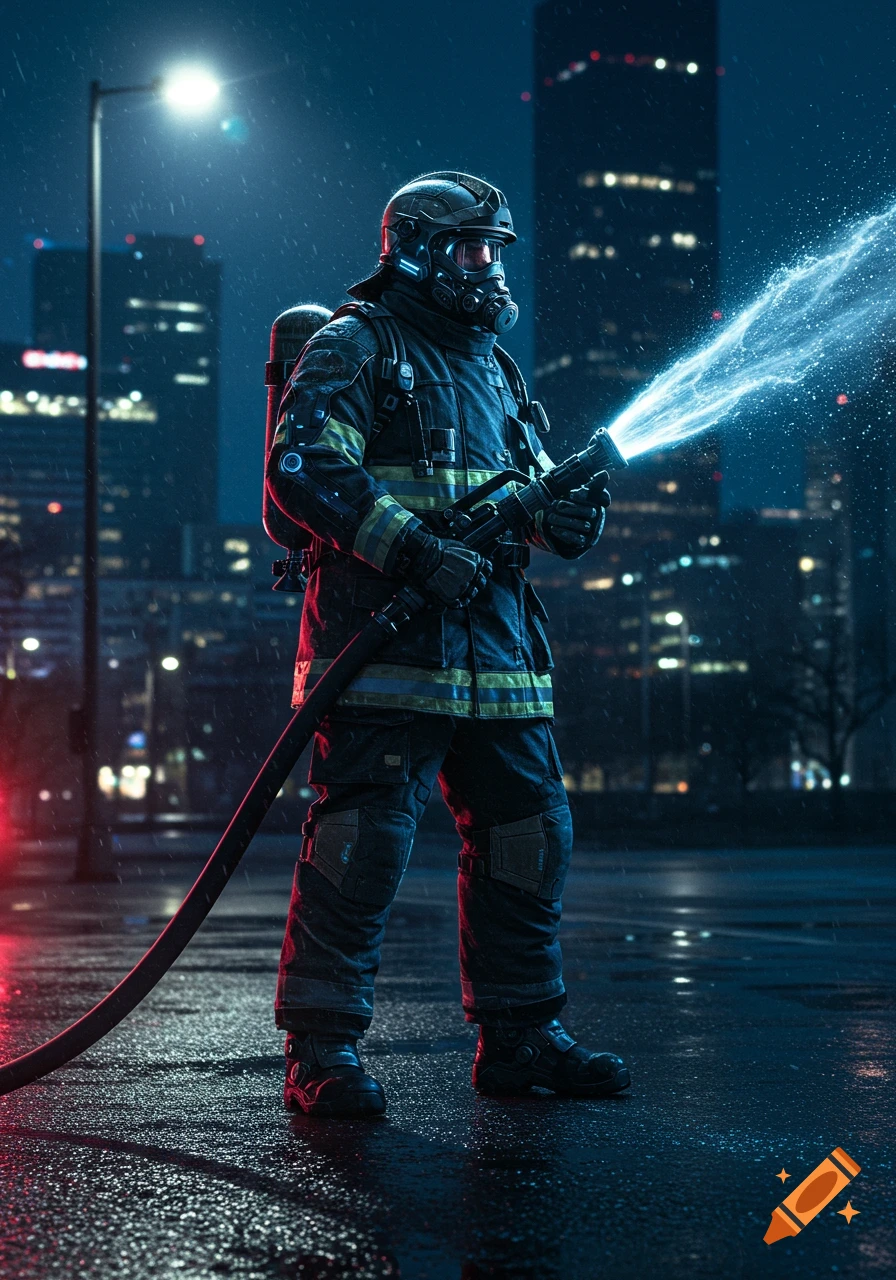 A futuristic firefighter in a dark city at night sprays a glowing blue stream of water from a hose onto a wet street.