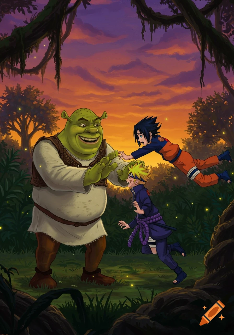 Shrek pushes Naruto towards Sasuke in a vibrant jungle setting with fireflies at sunset, animated art style.
