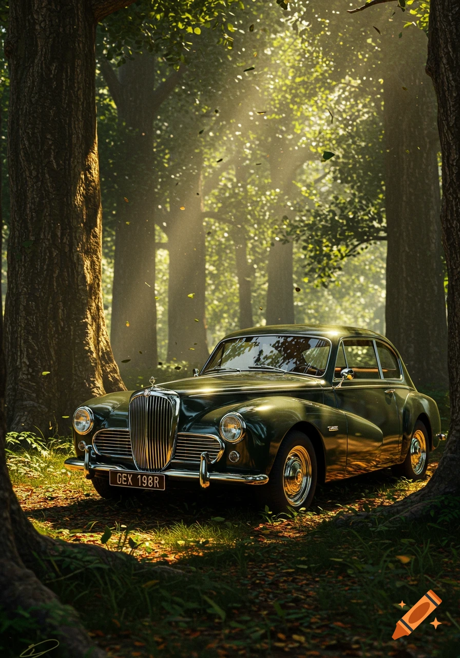 A dark green classic car is parked in a sunlit forest with light rays filtering through the trees.