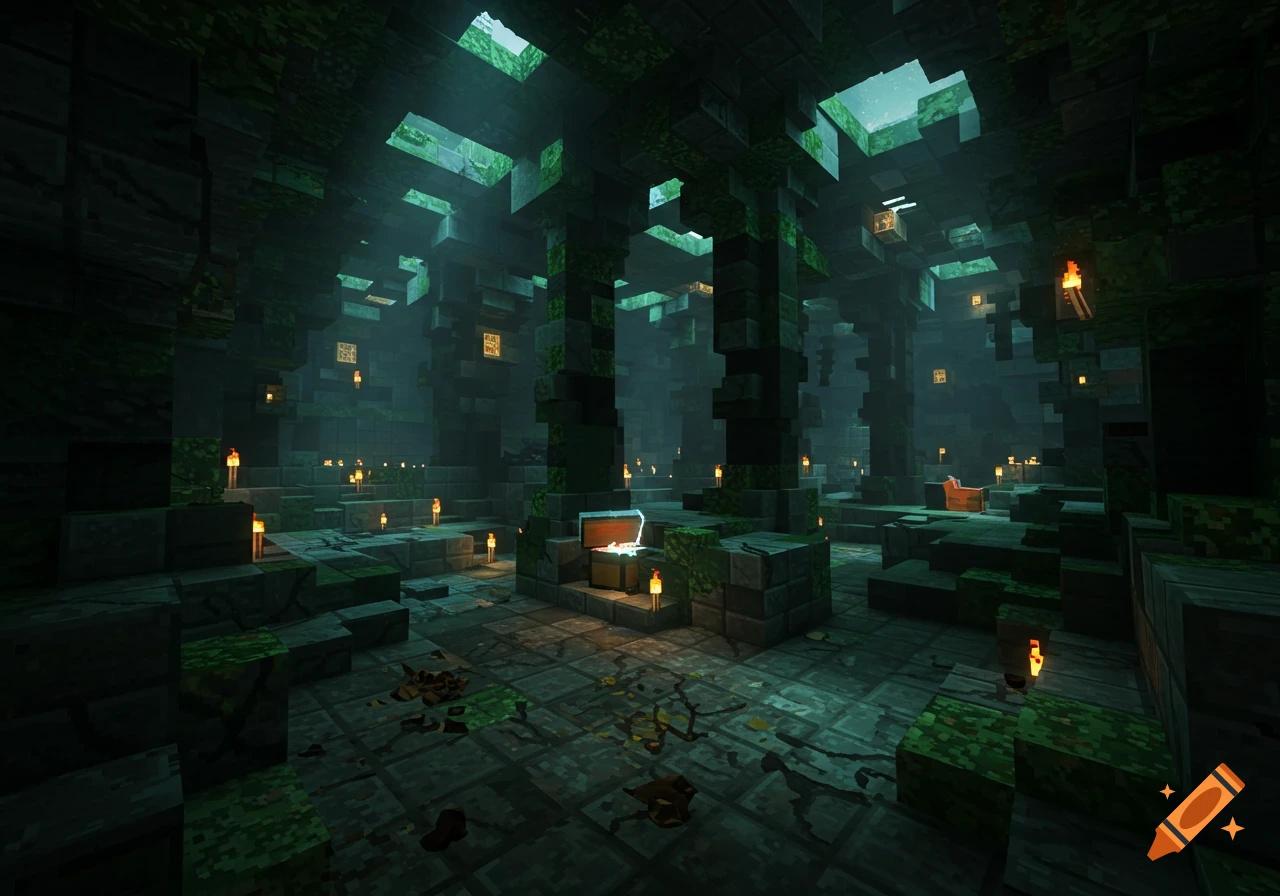 A Minecraft-style underground dungeon with moss-covered pillars, torches, and a glowing open treasure chest.