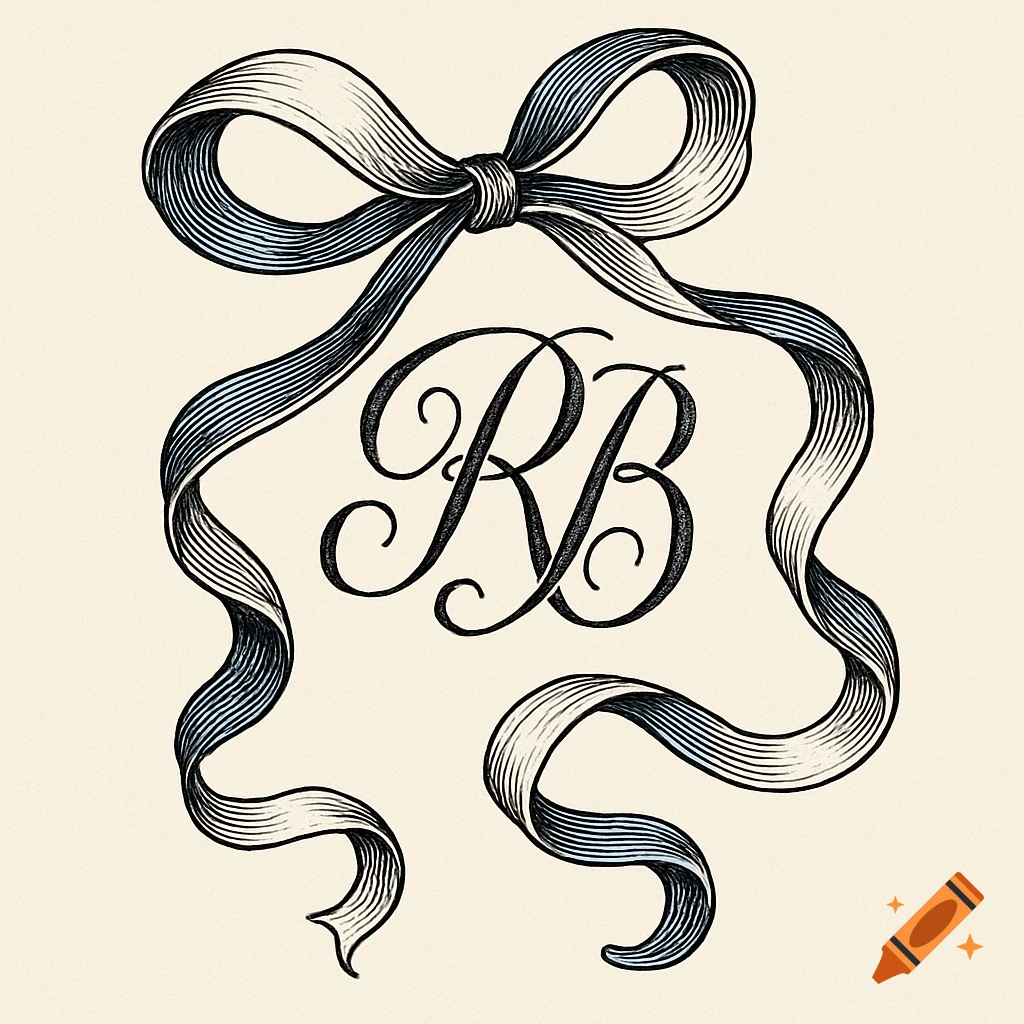 Hand-drawn illustration of a decorative blue and white ribbon bow with black calligraphic initials RB.