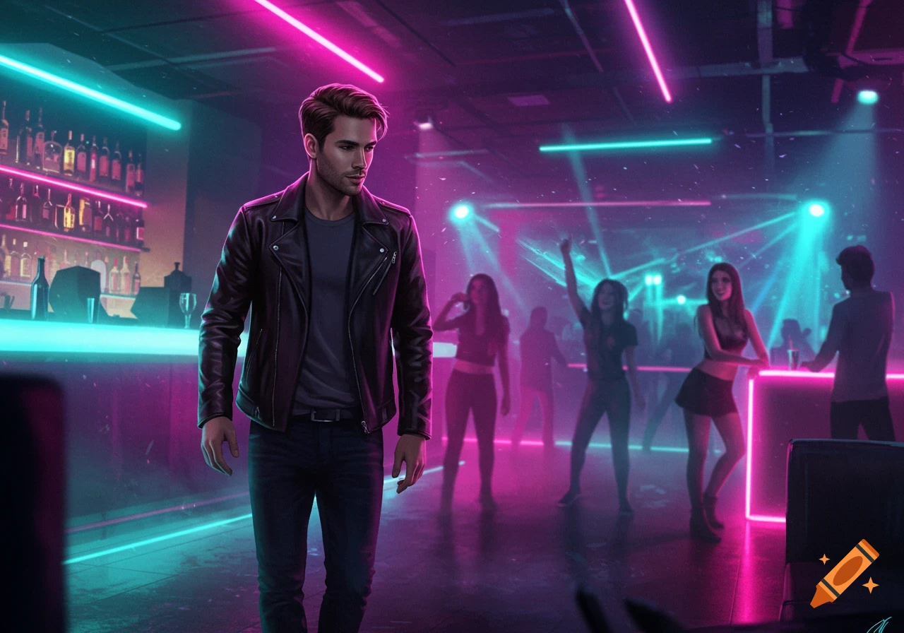 A handsome young man in a leather jacket walks through a vibrant nightclub illuminated with neon pink and cyan lights, with blurred dancers and a bar in the background.