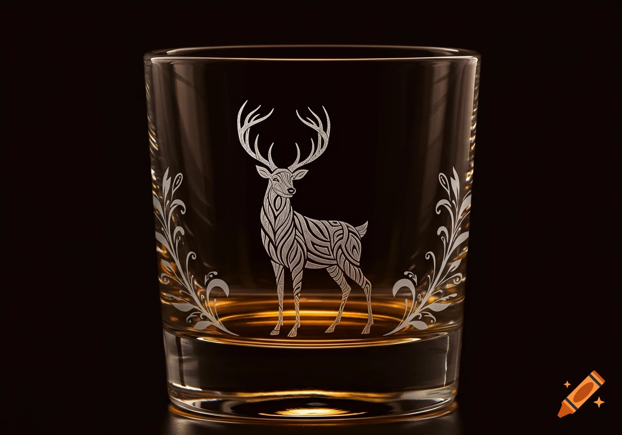 A clear whisky glass with a detailed silver engraving of a stylized deer and ornate floral patterns on a dark background.