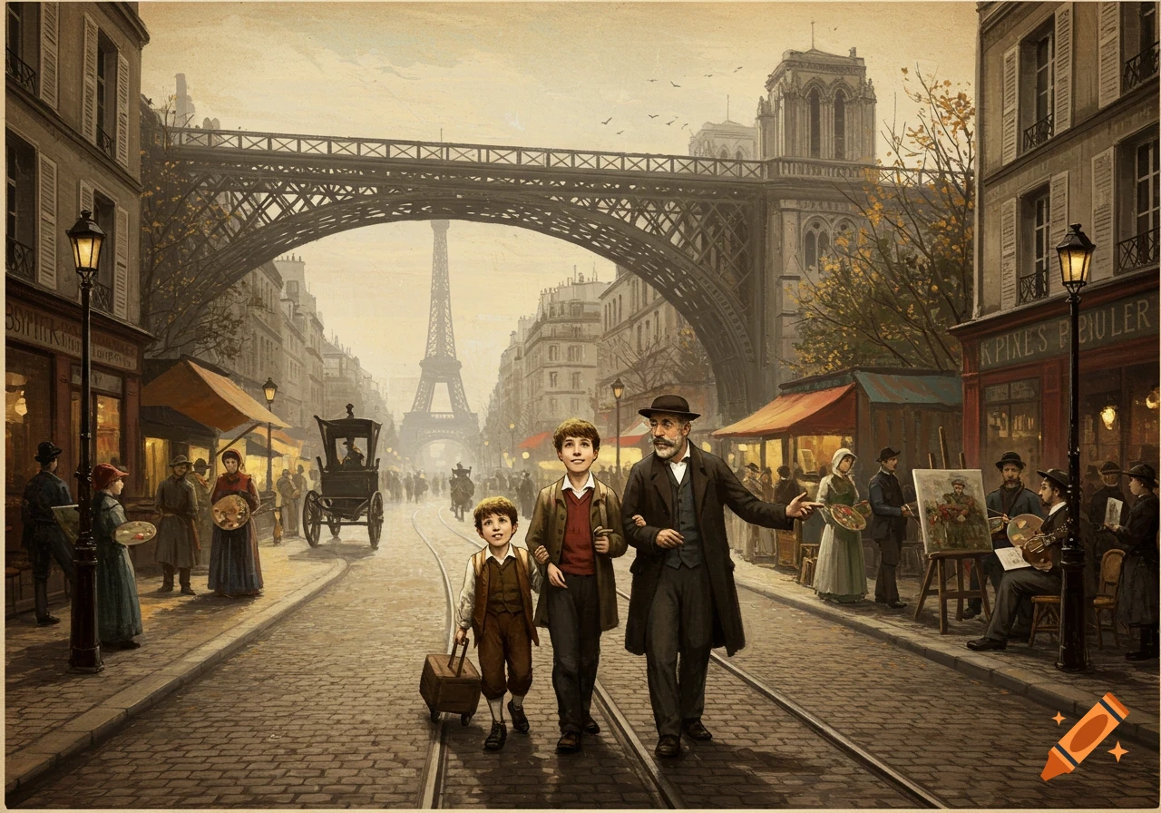 Painting of a man and two boys walking down a cobblestone street in old Paris, with the Eiffel Tower and Notre Dame in the background.
