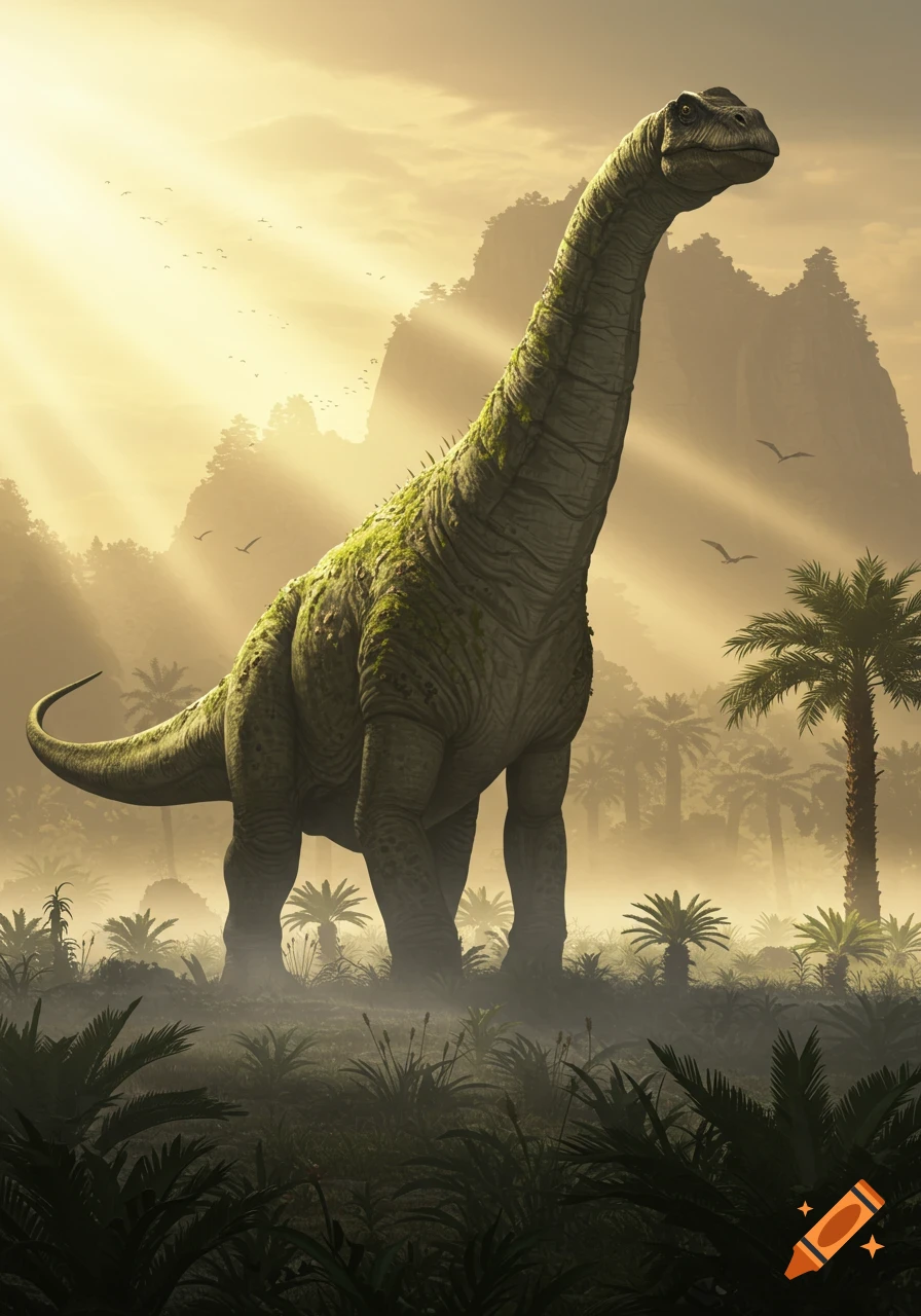 A large Brachiosaurus-like dinosaur with mossy green skin stands in a misty, sunlit prehistoric jungle with palm trees and mountains.