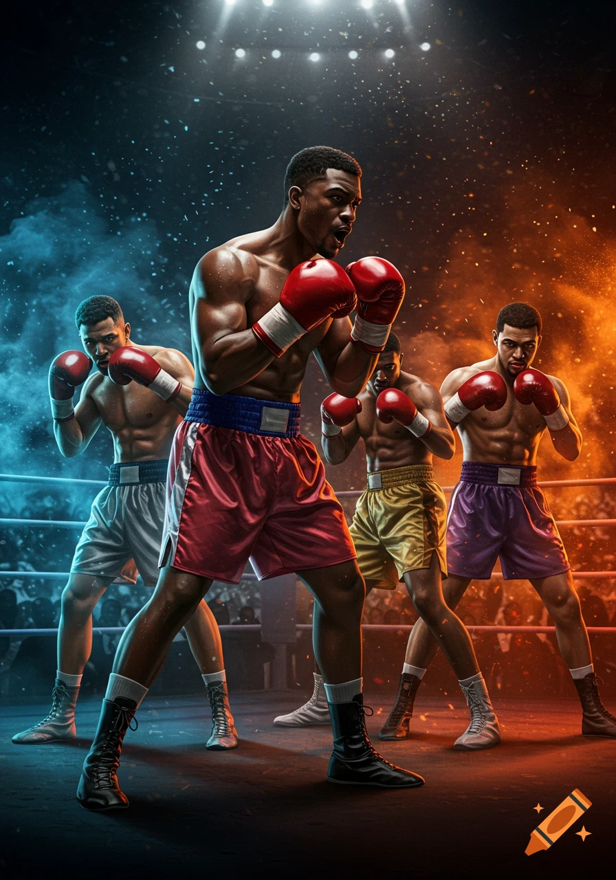 Four muscular boxers in various colored shorts and red gloves pose in a dramatically lit boxing ring with a blurred audience.