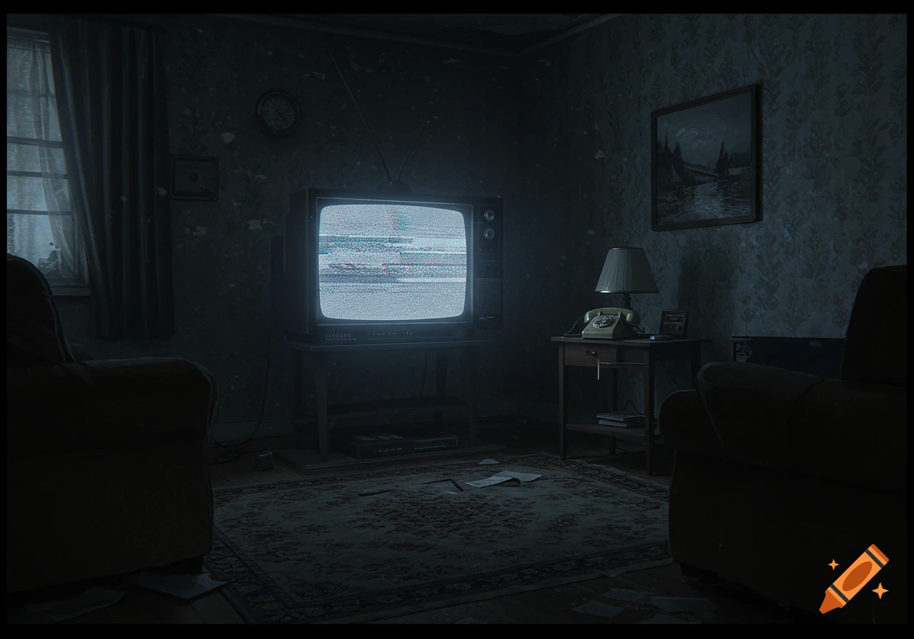Dark, eerie living room with a vintage static-filled TV, two armchairs, a rotary phone, and patterned wallpaper.