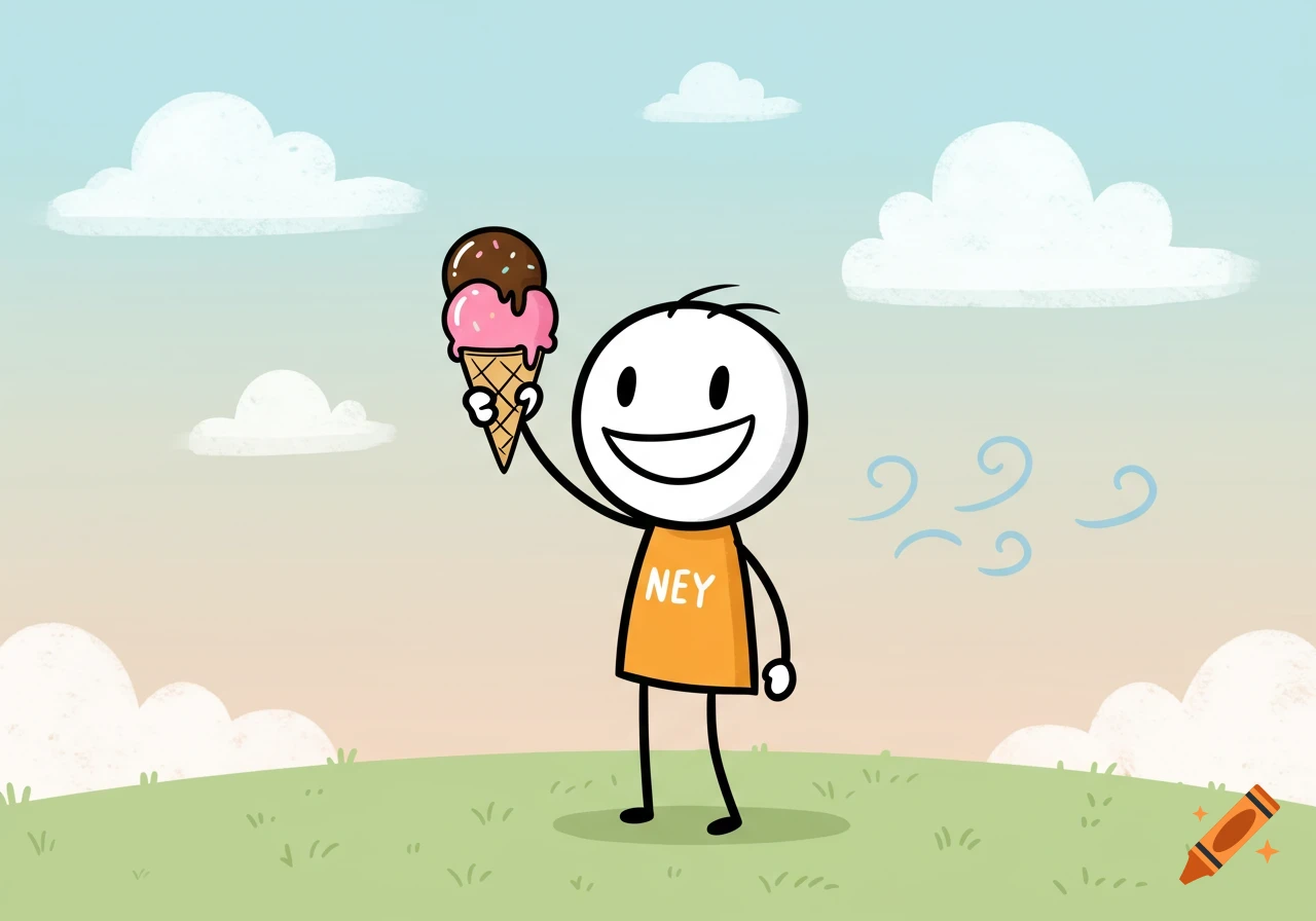 A smiling stick figure holds a two-scoop ice cream cone on a grassy hill with clouds in a cartoon style.