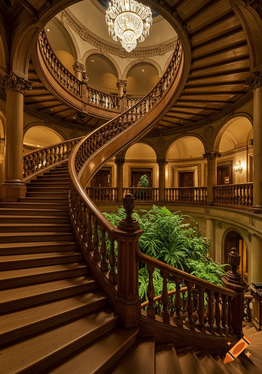 Ornate grand wooden spiral staircase with a crystal chandelier and lush greenery in a luxurious building interior.