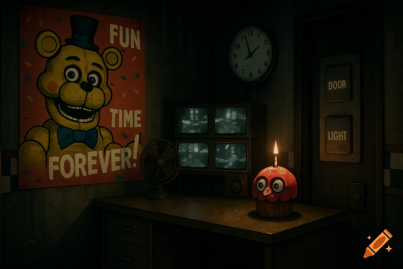 A dimly lit FNAF security office with a Freddy poster, security monitors, a clock, and Carl the Cupcake on a desk.