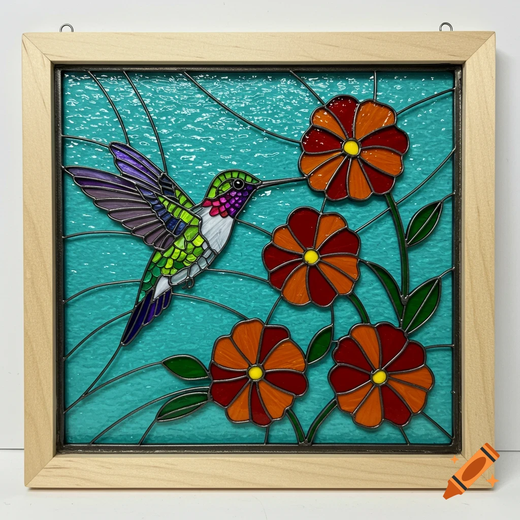 Stained-glass artwork of a vibrant hummingbird hovering near red and orange flowers on a turquoise background in a light wooden frame.