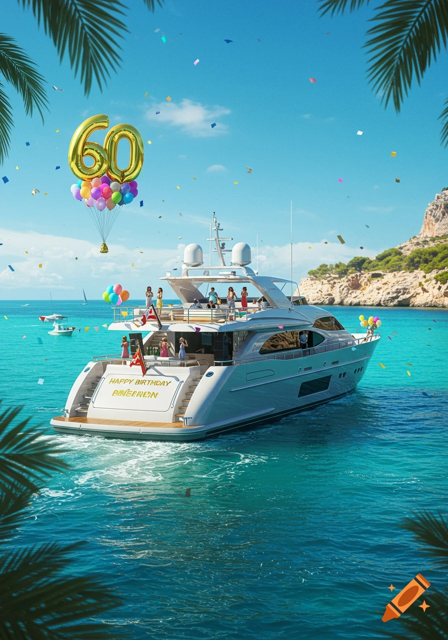 A photorealistic image of a luxury yacht party celebrating a 60th birthday, with balloons and confetti in a bright tropical bay.