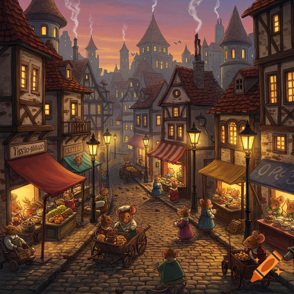 A charming, fantasy illustration of an old European-style town street bustling with anthropomorphic mice at dusk, selling goods from market stalls.