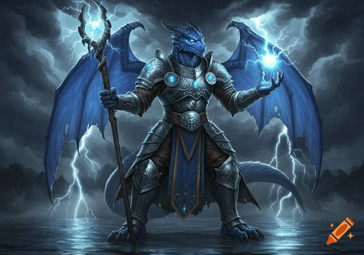 A blue dragonborn storm cleric in ornate silver armor holds a glowing staff and conjures lightning amidst a stormy sky.