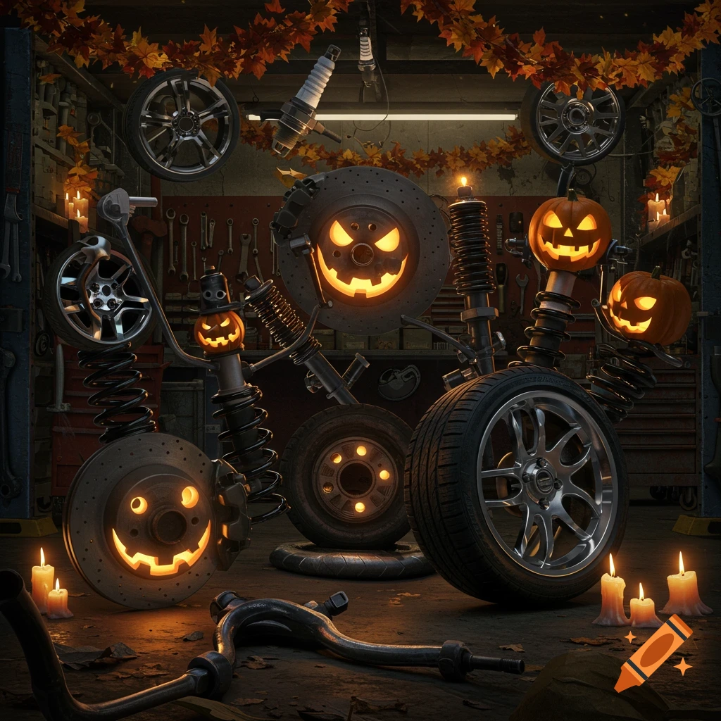 A dark garage filled with car parts like brake discs and shock absorbers, creatively arranged and lit like jack-o'-lanterns for Halloween, surrounded by autumn leaves and candles.