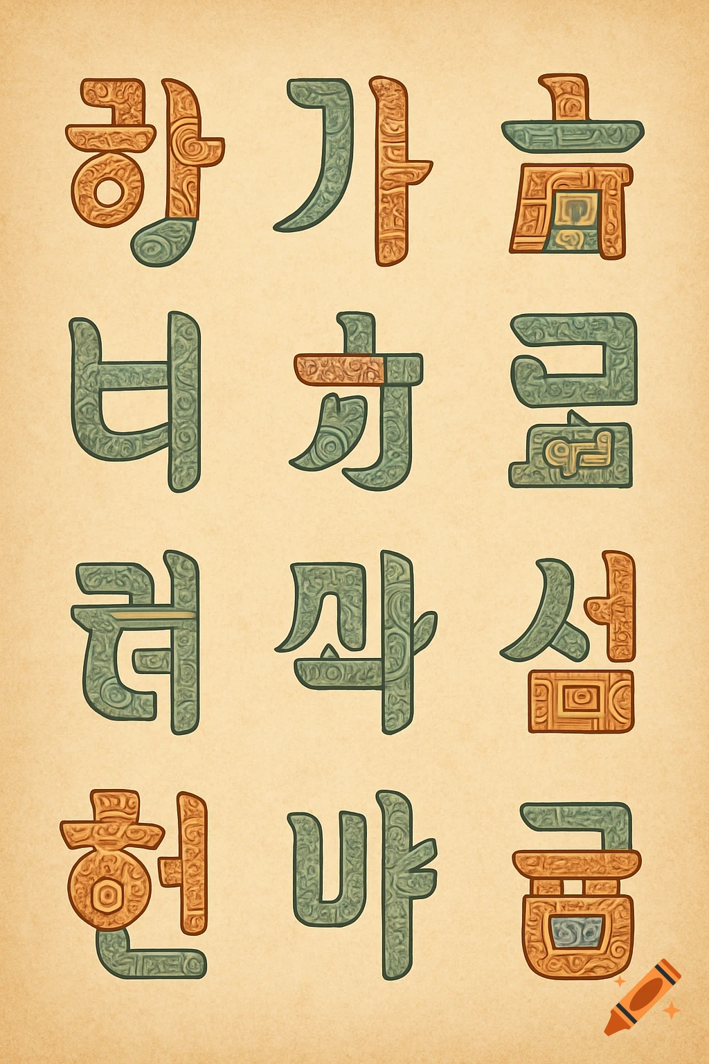 A grid of 12 stylized alphabet characters inspired by Korean Hangul and Nahuatl, with intricate orange and green patterns on a parchment background.