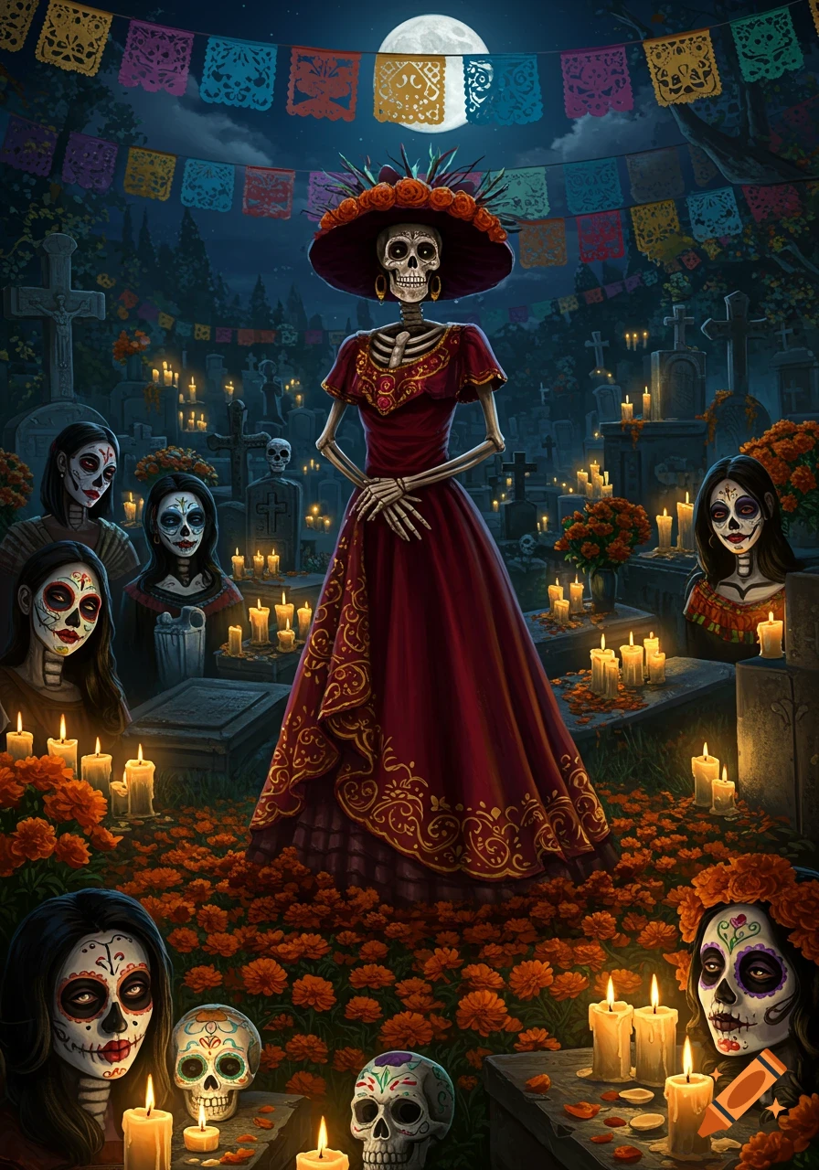 A skeletal woman in a red dress stands in a candlelit graveyard with sugar skull women, marigolds, papel picado banners, and a full moon.
