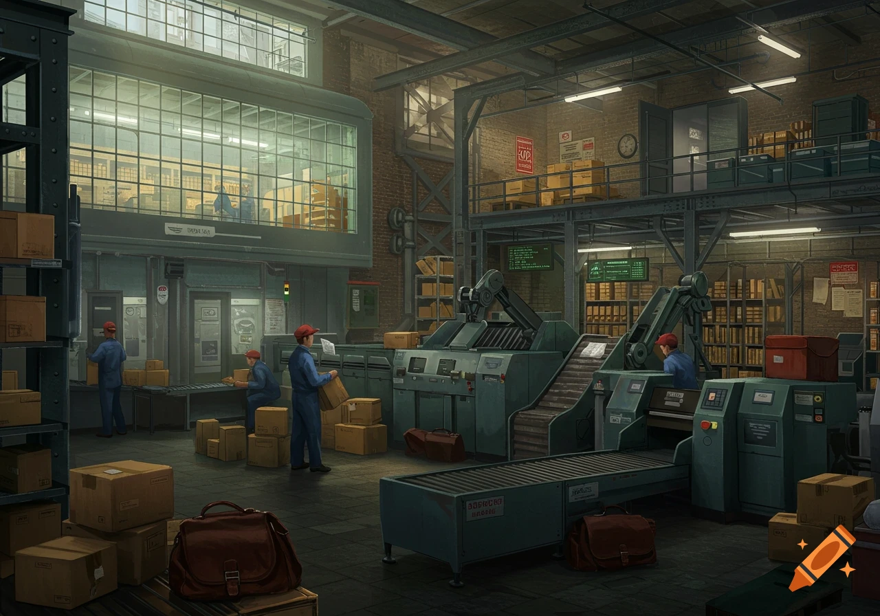 Workers in blue uniforms sort packages on conveyor belts in a busy post office distribution center.