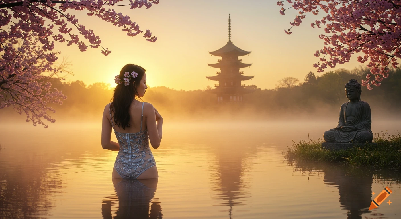 An Asian woman in an ornate swimsuit stands in misty water at sunrise, with a Japanese pagoda and Buddha statue in the background, under cherry blossoms.