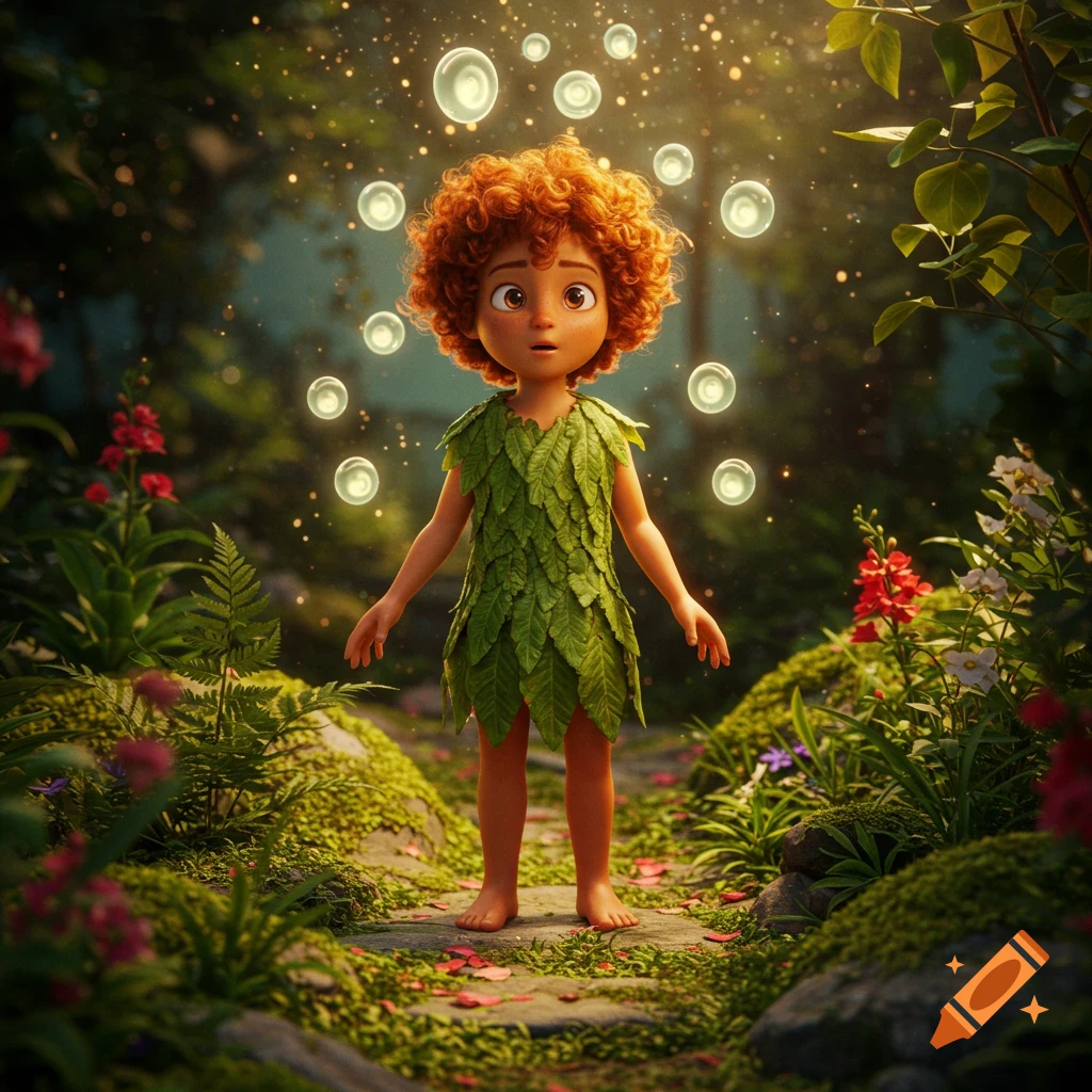 A stylized child with red curly hair and a leaf dress stands barefoot on a mossy path in a magical forest, surrounded by glowing bubbles and sunlight.