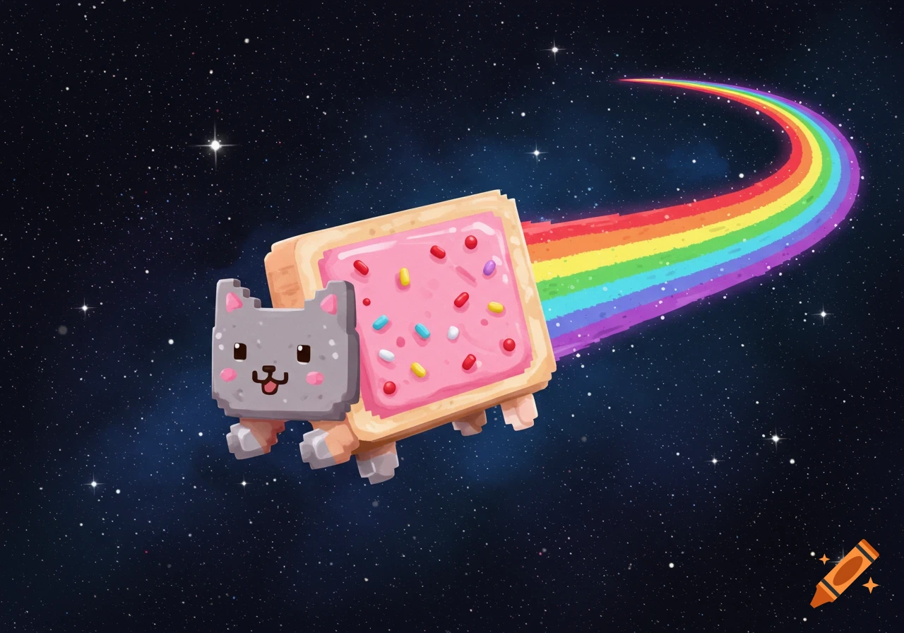A pixelated Nyan Cat, a gray cat with a pink pop-tart body, flies through a starry night sky, leaving a vibrant rainbow trail.