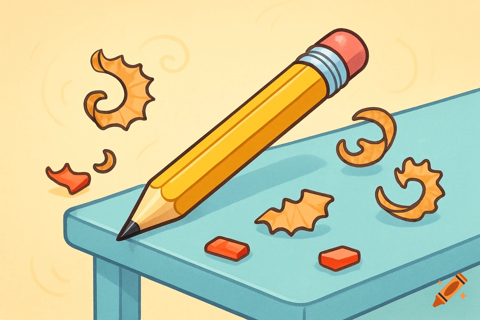 A yellow cartoon pencil with a pink eraser on a blue table, surrounded by pencil shavings.