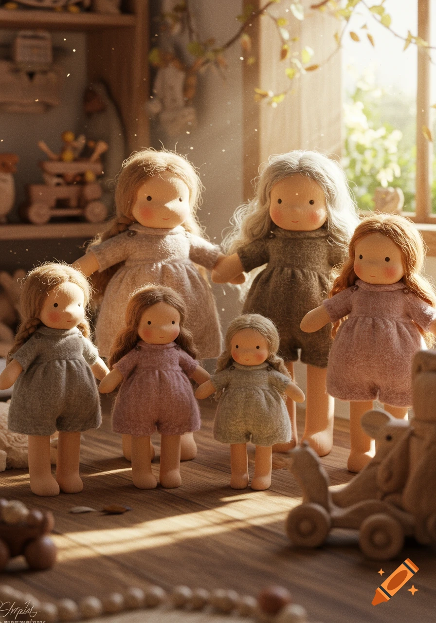 Six Waldorf-style cloth dolls of various sizes stand on a wooden floor in a sunlit room filled with wooden toys.