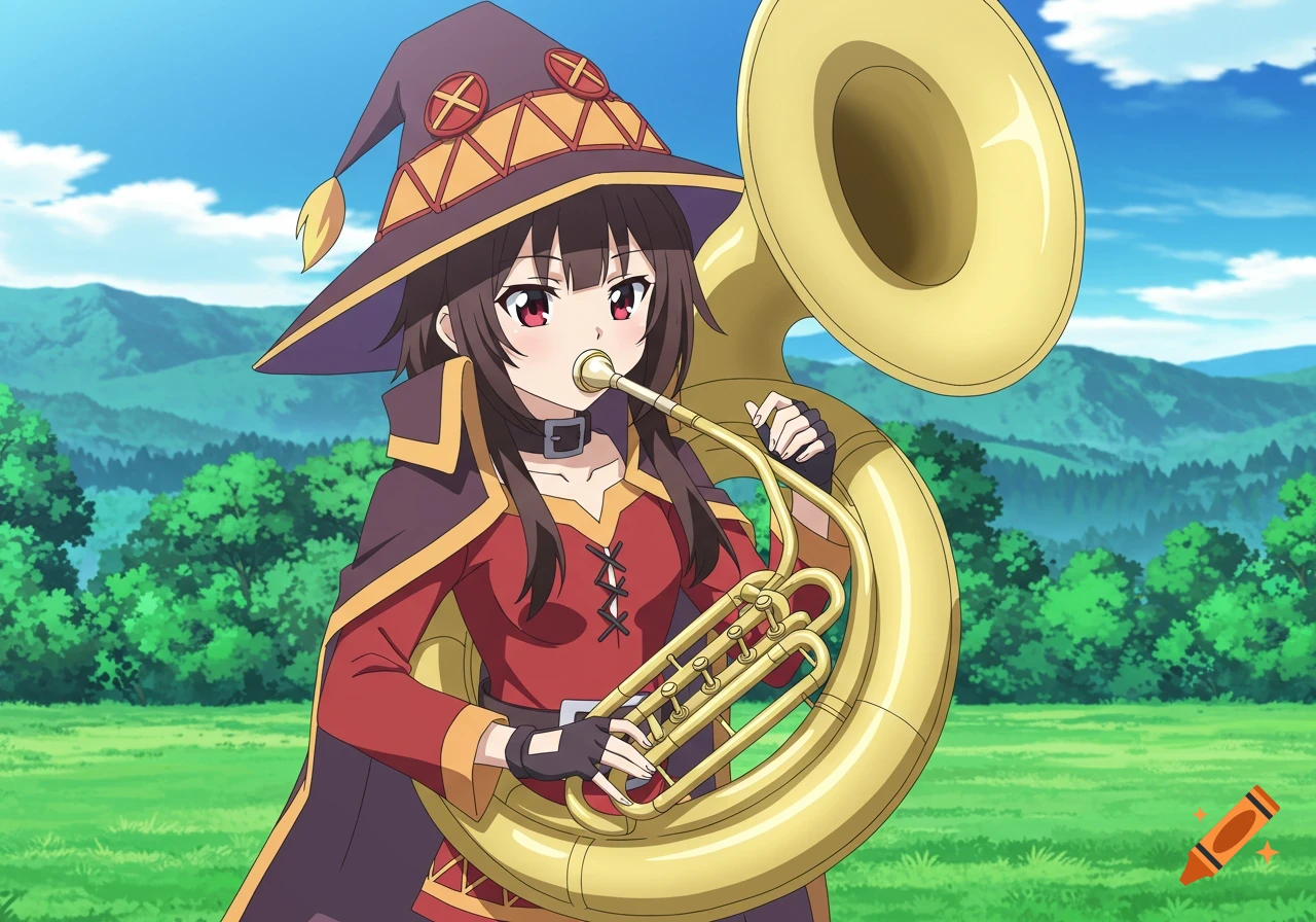 Anime girl Megumin in a witch hat plays a brass sousaphone outdoors in a field.