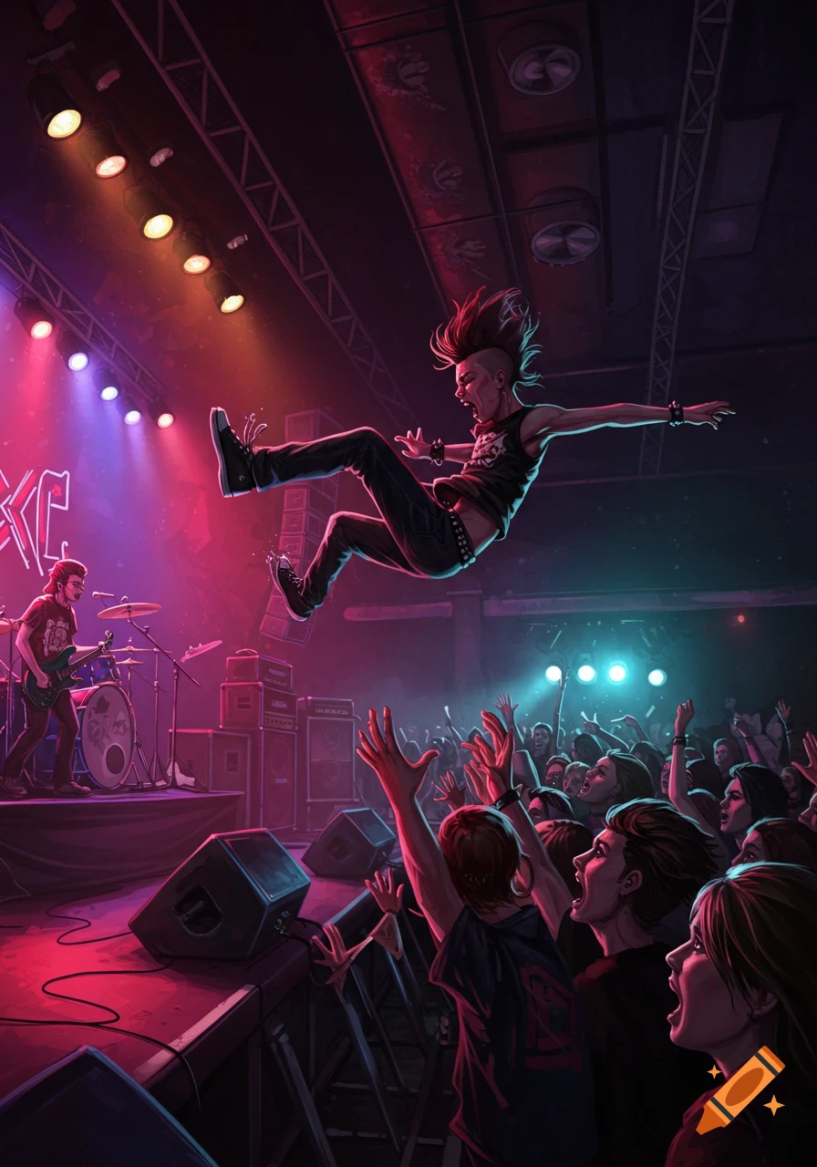 A punk rocker with a mohawk dives off a stage into a cheering crowd, illuminated by vibrant pink and blue stage lights at a concert.