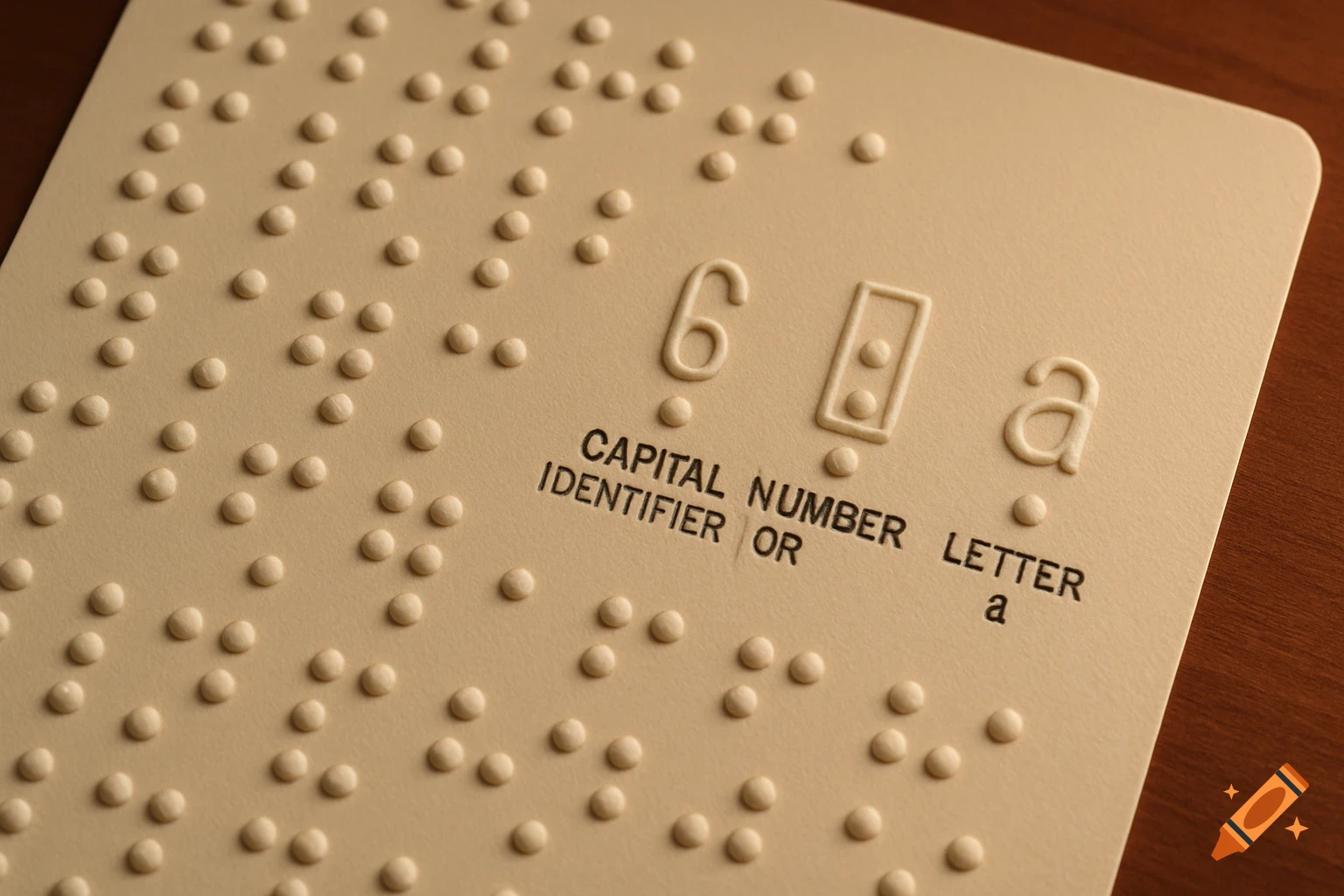 A close-up of a beige braille sheet with raised dots and printed text showing a '6', a braille representation of '6', a box for a number identifier, a lowercase 'a', and a braille representation of 'a', with descriptive labels printed above them.
