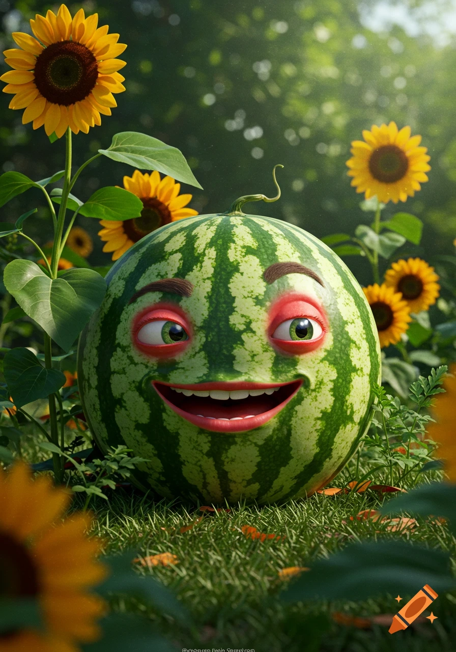 A happy, anthropomorphic watermelon with a smiling face and big eyes sits in a sunny field among sunflowers and green grass.