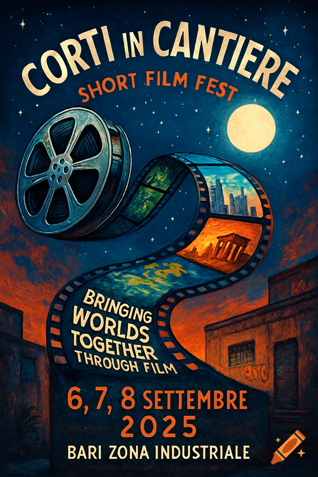 A vintage-style film festival poster with a film reel and a winding film strip showing diverse scenes, under a starry night sky.