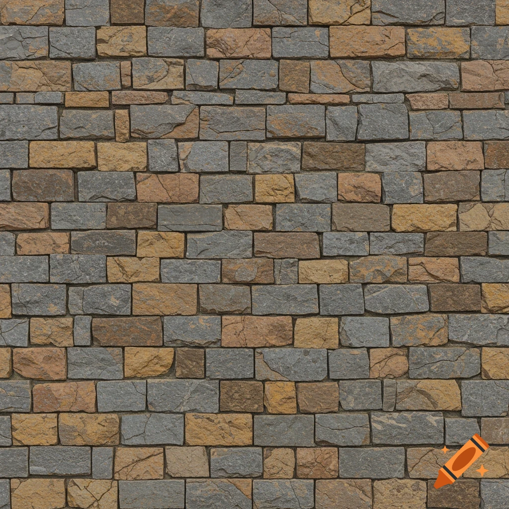 A seamless texture of a stone wall with irregularly shaped grey, brown, and golden-tan blocks.