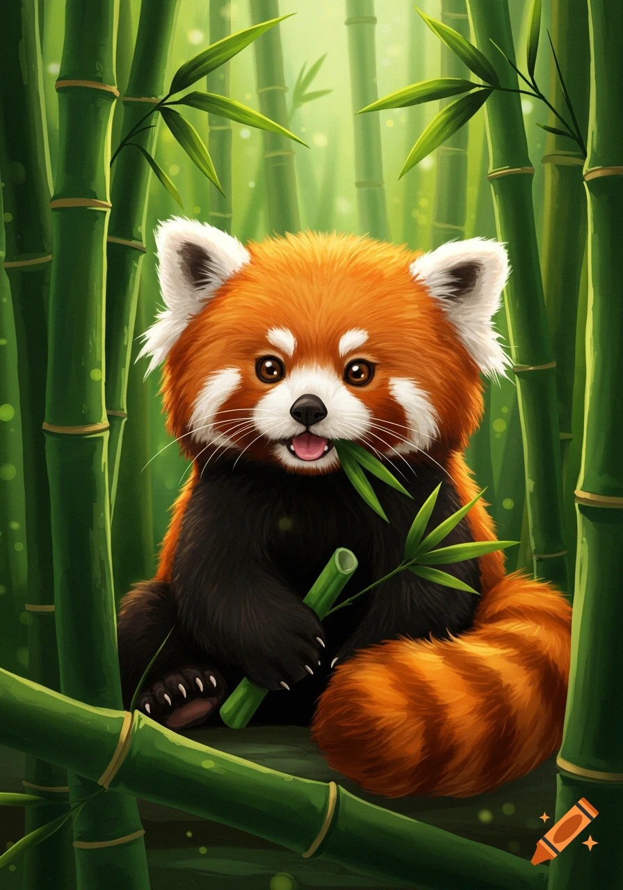 A cute, fluffy red panda with orange and black fur sits in a vibrant green bamboo forest, holding a bamboo shoot in its mouth.