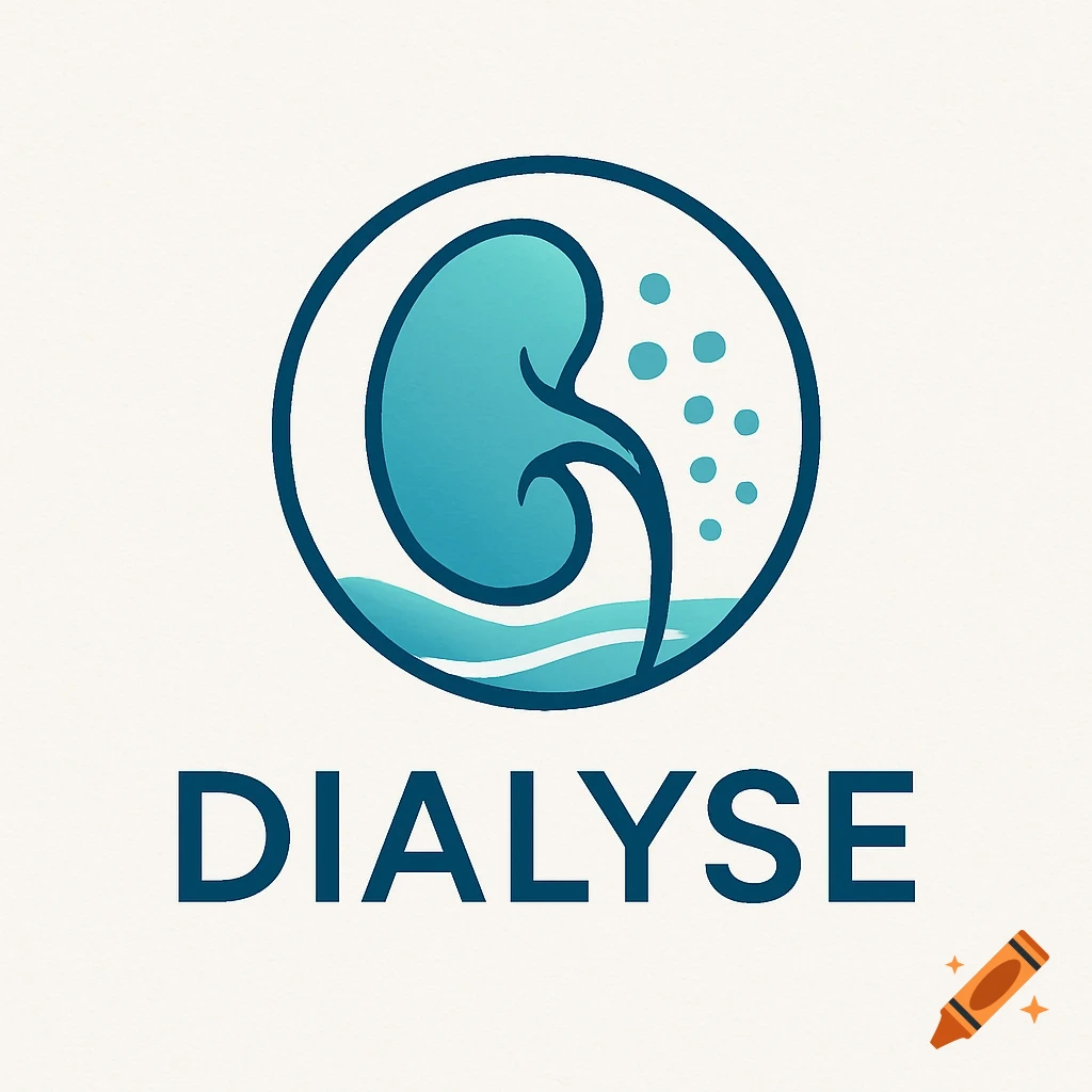 A blue gradient kidney icon within a circular logo with waves and bubbles, above the word DIALYSE.