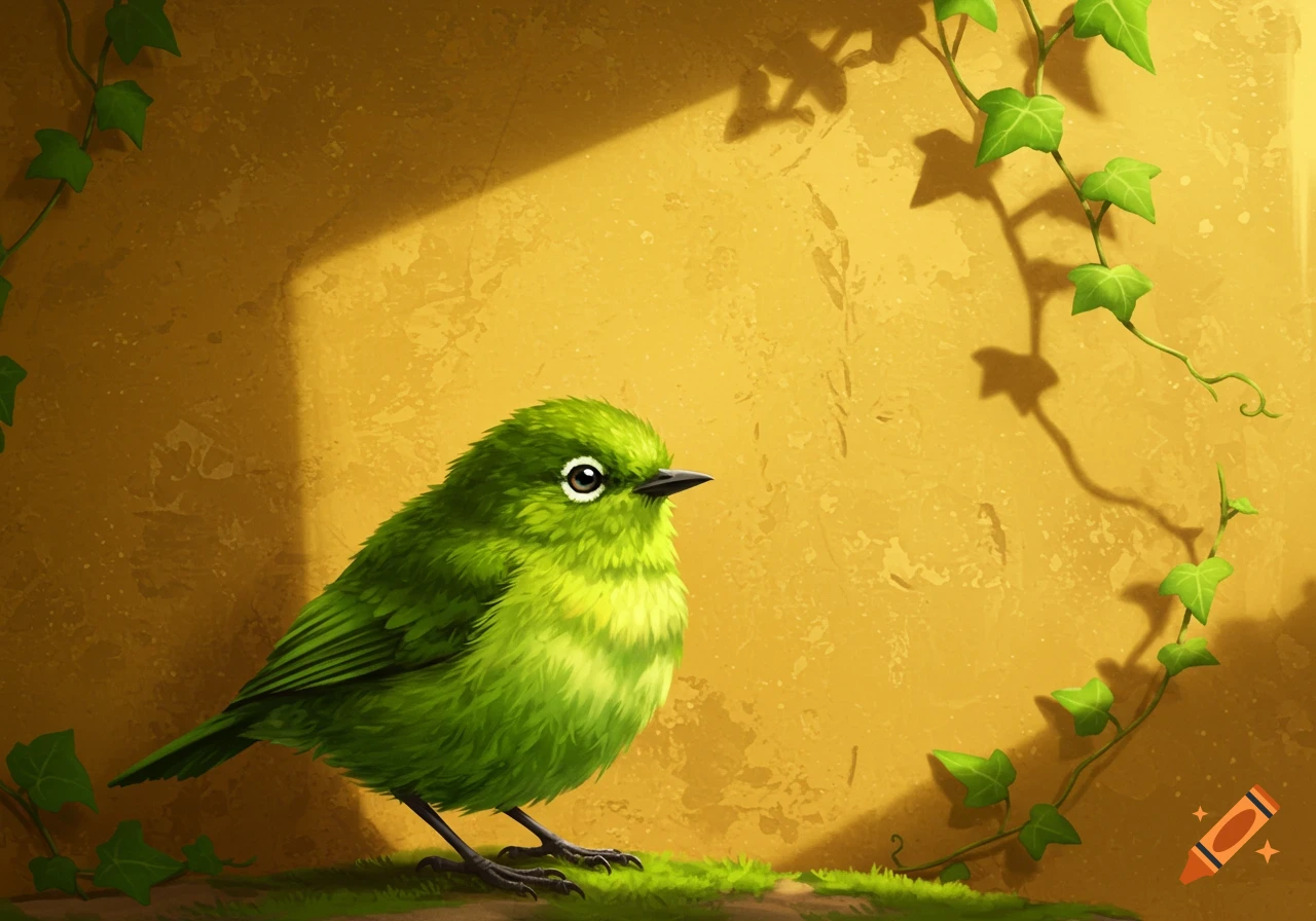 A fluffy bright green bird stands on moss in front of a textured yellow wall with ivy vines and shadows.