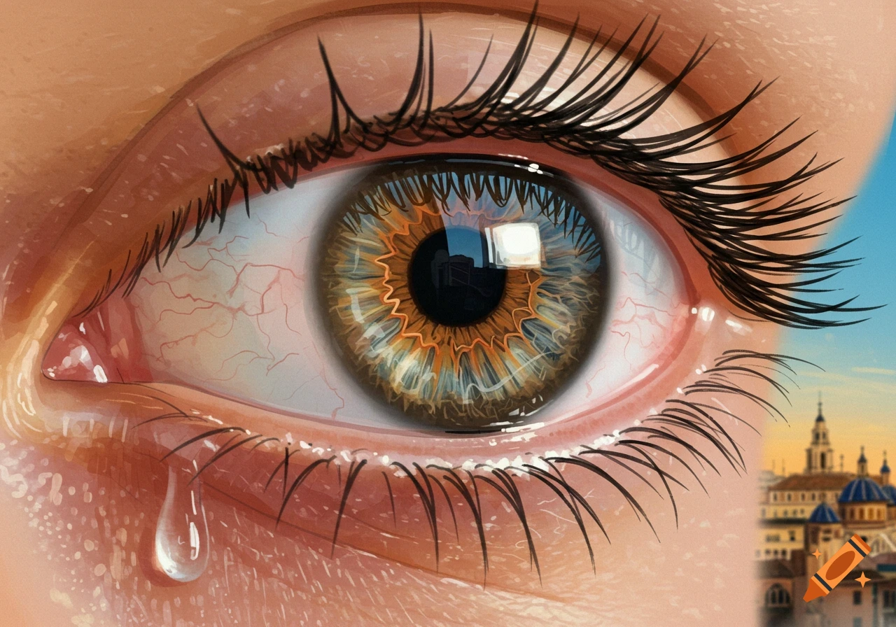 Detailed illustration of a crying eye with a tear, reflecting buildings of Valencia under a blue sky.